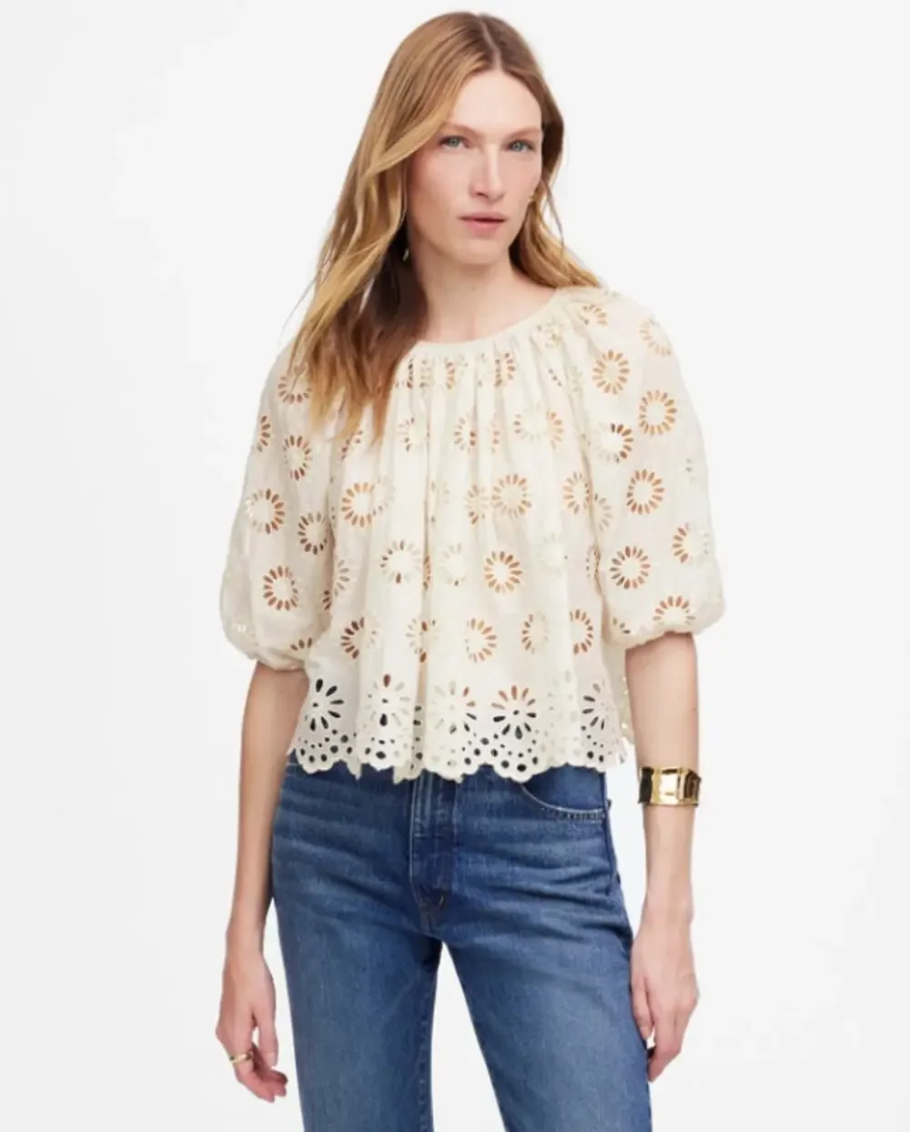 Madewell Embroidered Shirred Puff-Sleeve Top WMNS XS Cream Floral Eyelet Swingy